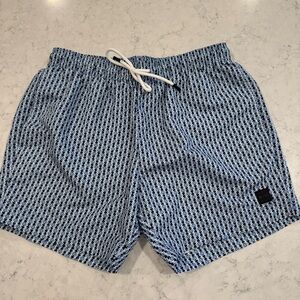 Hugo Boss Beach Men's Medium Navy Blue Swim Shorts Pockets Geometric Pattern